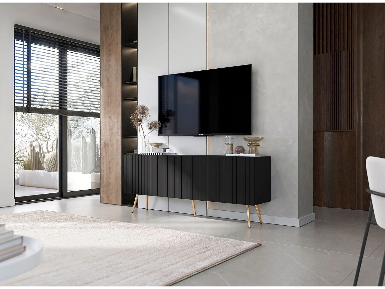 Meuble TV avec 4 portes - Corps Noir mat, façades rainurées Noir mat - 150 cm, pieds dorés