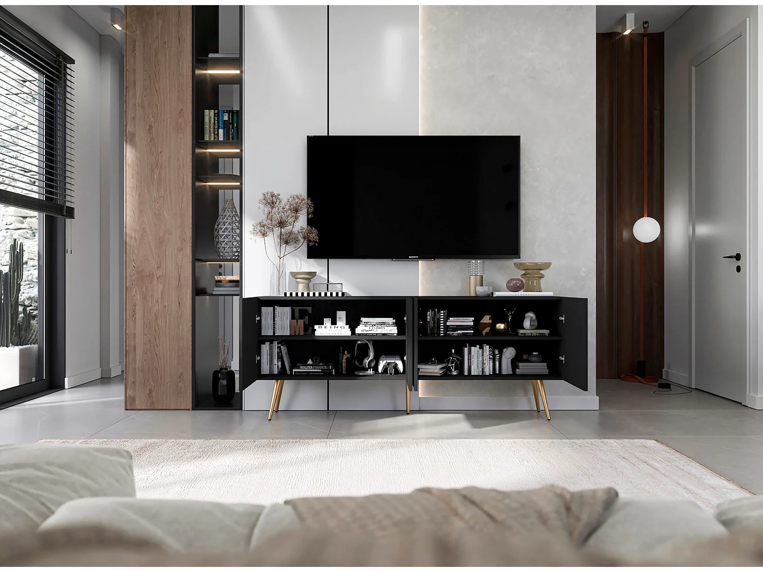 Meuble TV avec 4 portes - Corps Noir mat, façades rainurées Noir mat - 150 cm, pieds dorés