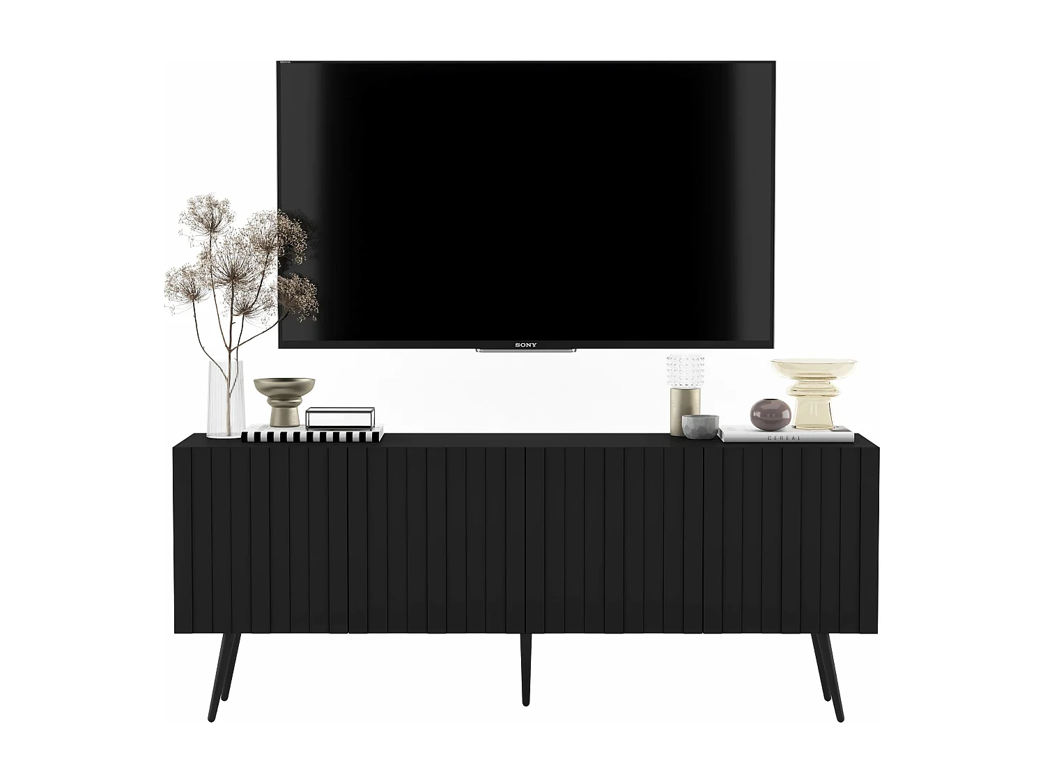 Meuble TV avec 4 portes - Corps Noir mat, façades rainurées Noir mat - 150 cm, pieds dorés