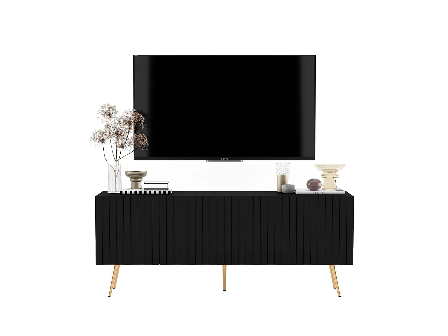 Mueble TV con 4 puertas - Cuerpo negro mate, frentes ranurados negro mate - 150 cm, patas doradas