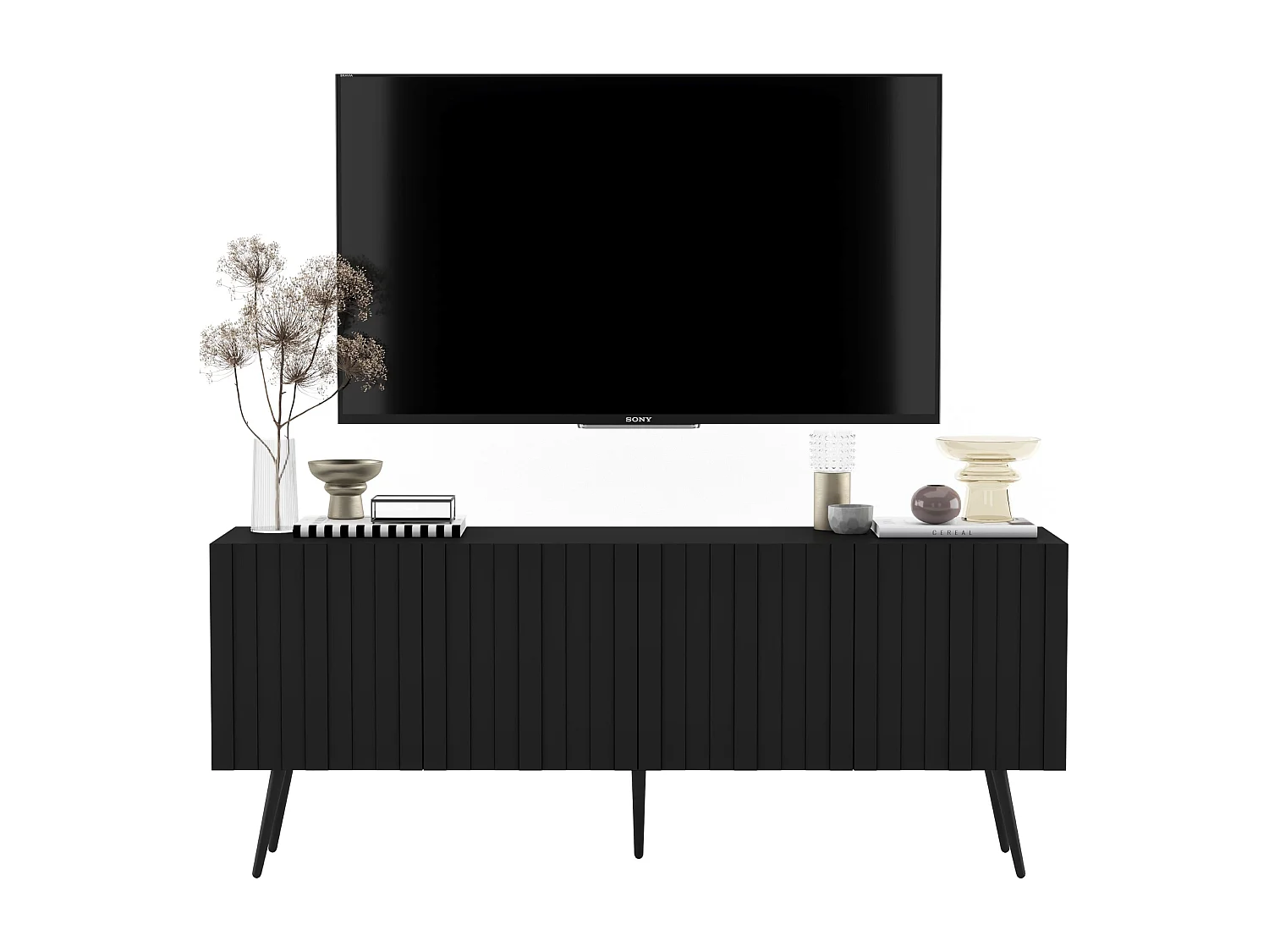 Mueble TV con 4 puertas - Cuerpo negro mate, frentes ranurados negro mate - 150 cm, patas doradas