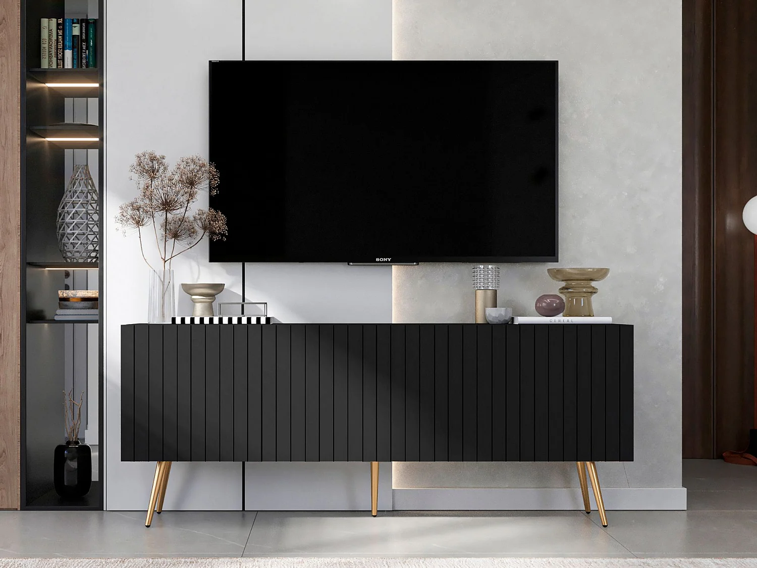 Mueble TV con 4 puertas - Cuerpo negro mate, frentes ranurados negro mate - 150 cm, patas doradas