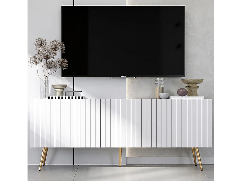 Meuble TV avec 4 portes - Corps Blanc mat, façades rainurées Blanc mat - 150 cm, pieds dorés