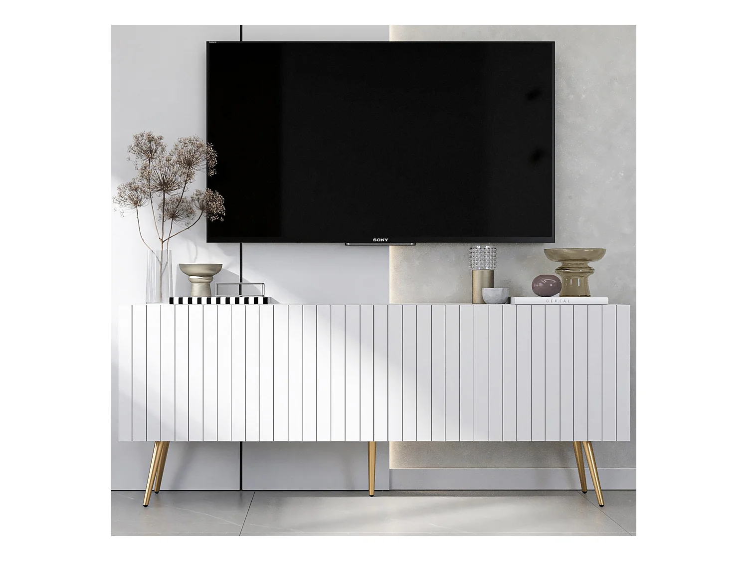Meuble TV avec 4 portes - Corps Blanc mat, façades rainurées Blanc mat - 150 cm, pieds dorés