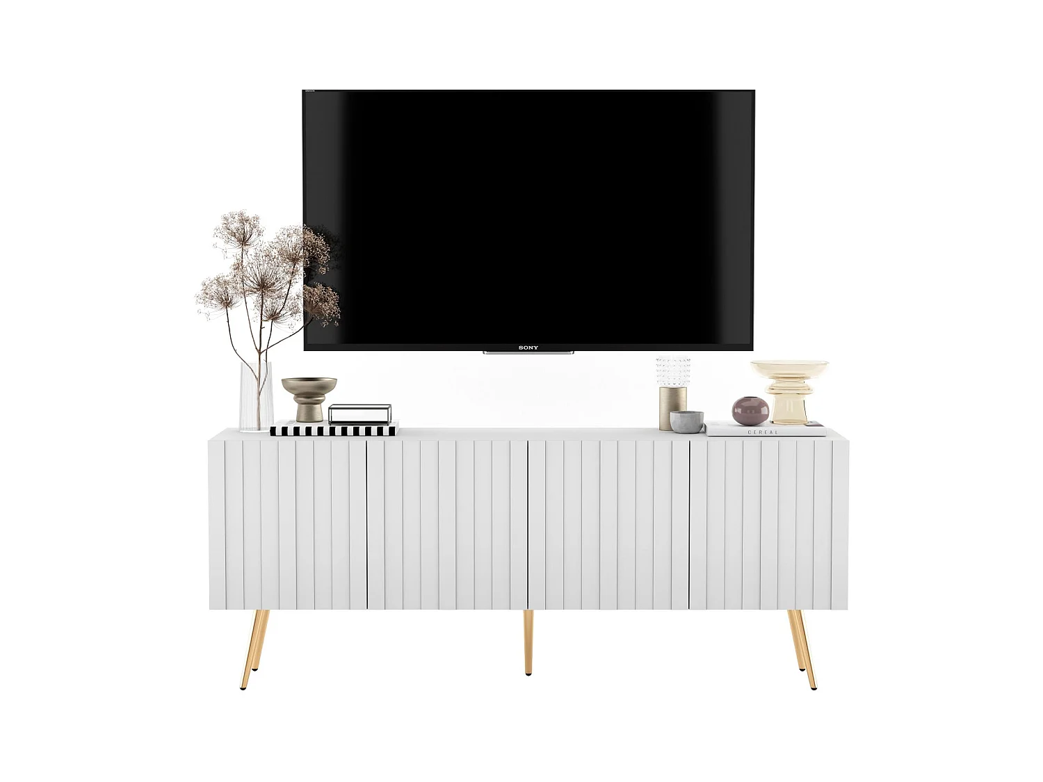 Meuble TV avec 4 portes - Corps Blanc mat, façades rainurées Blanc mat - 150 cm, pieds dorés