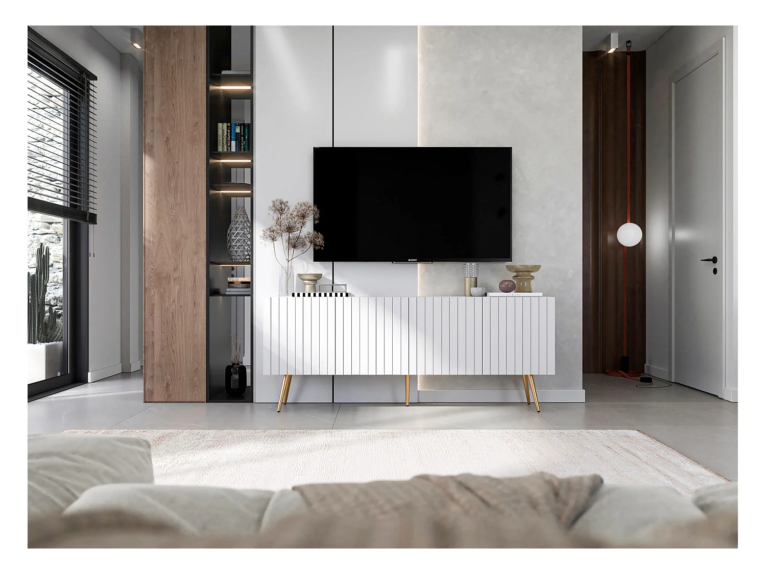 Meuble TV avec 4 portes - Corps Blanc mat, façades rainurées Blanc mat - 150 cm, pieds dorés