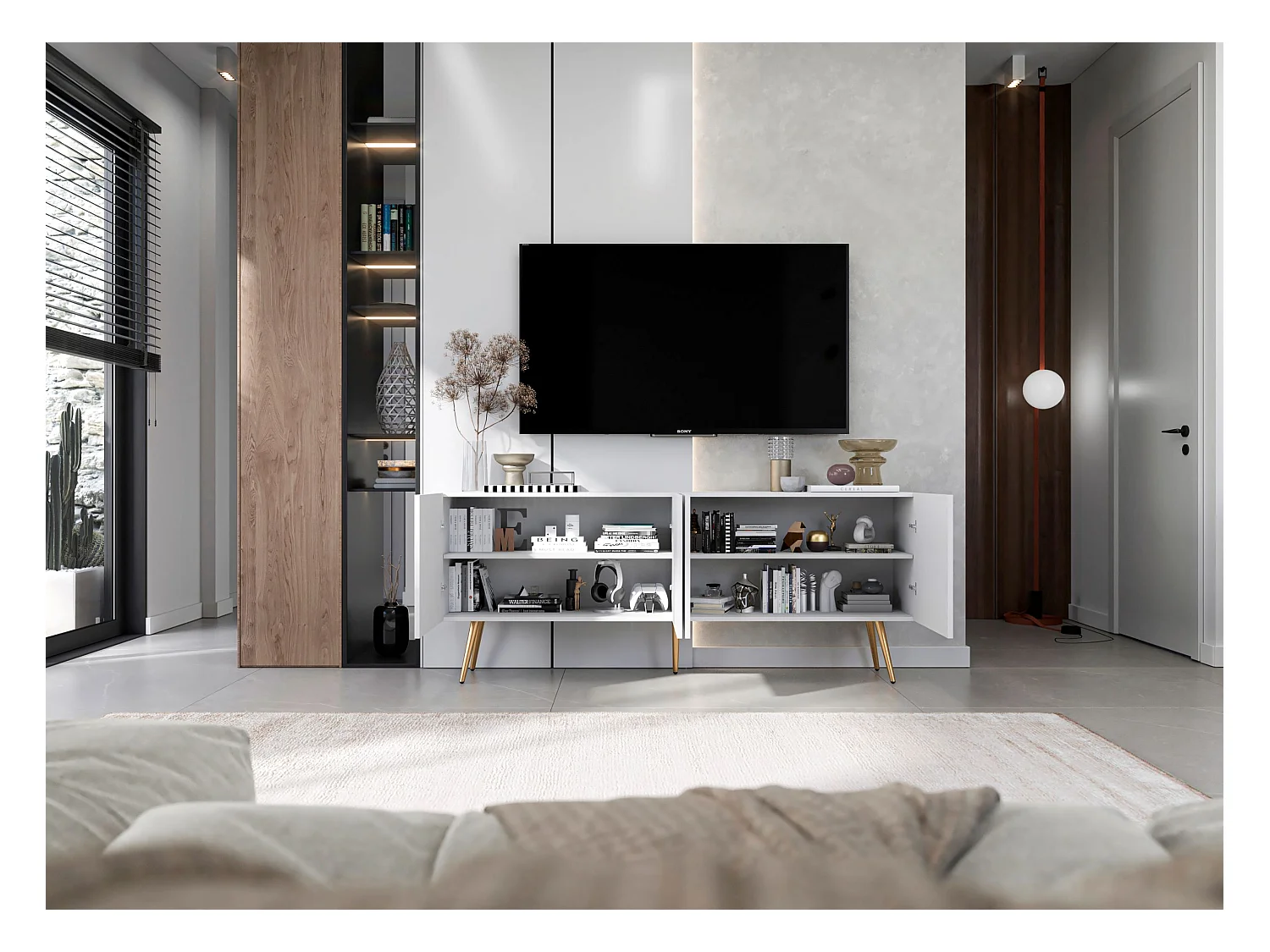 Meuble TV avec 4 portes - Corps Blanc mat, façades rainurées Blanc mat - 150 cm, pieds dorés