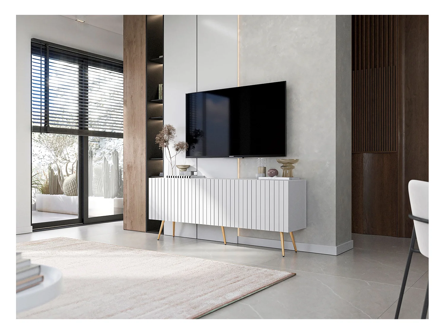 Meuble TV avec 4 portes - Corps Blanc mat, façades rainurées Blanc mat - 150 cm, pieds dorés