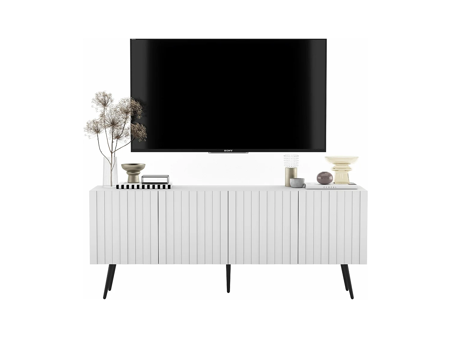 Meuble TV avec 4 portes - Corps Blanc mat, façades rainurées Blanc mat - 150 cm, pieds dorés