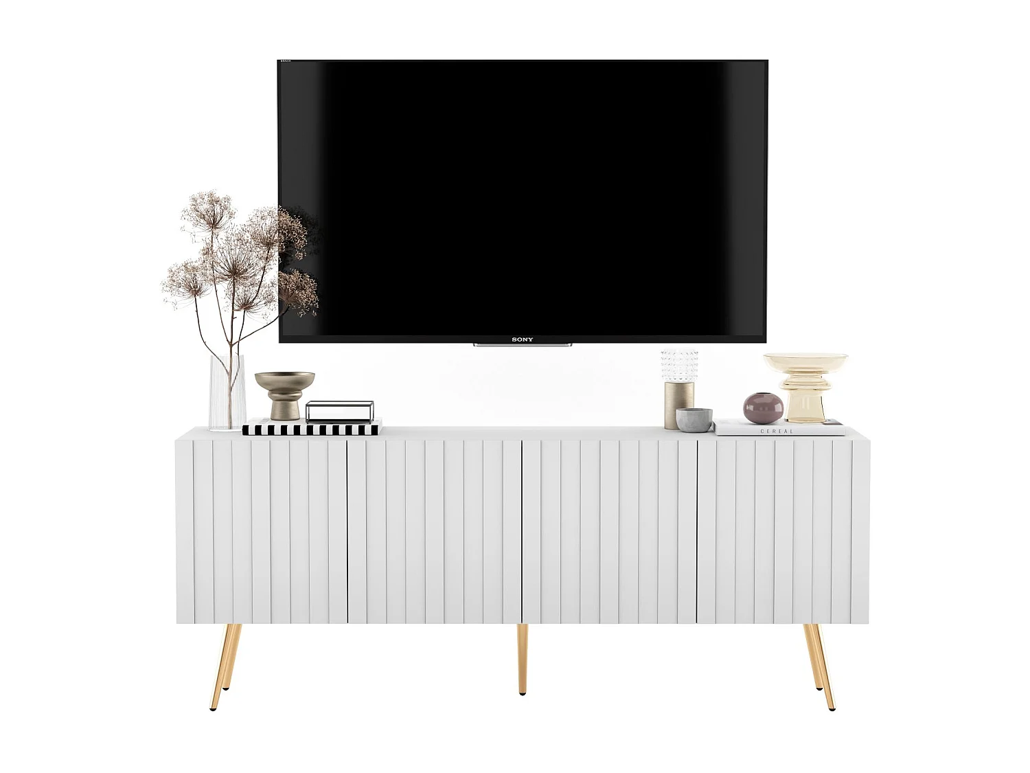 Meuble TV avec 4 portes - Corps Blanc mat, façades rainurées Blanc mat - 150 cm, pieds dorés