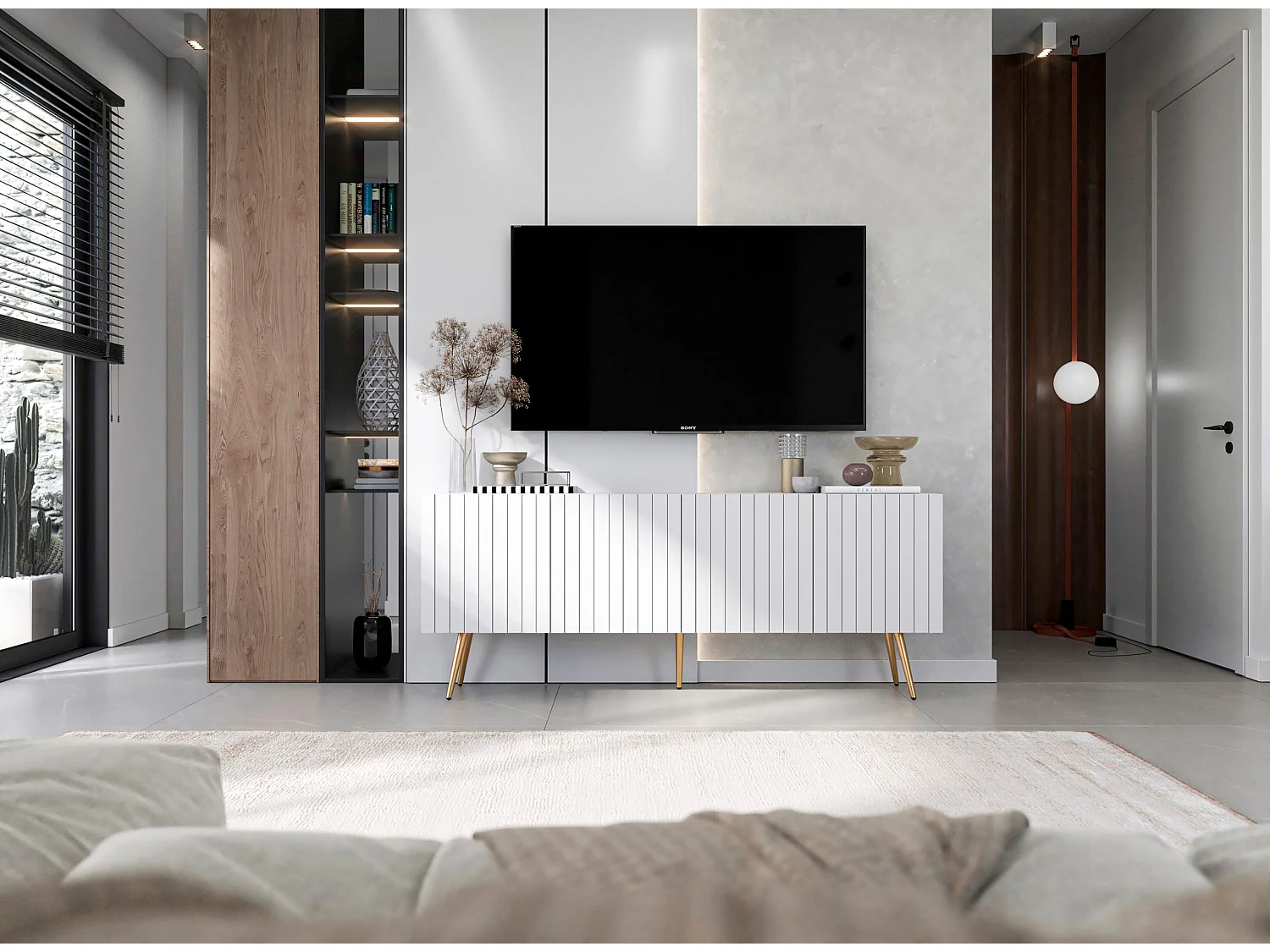 Meuble TV avec 4 portes - Corps Blanc mat, façades rainurées Blanc mat - 150 cm, pieds dorés