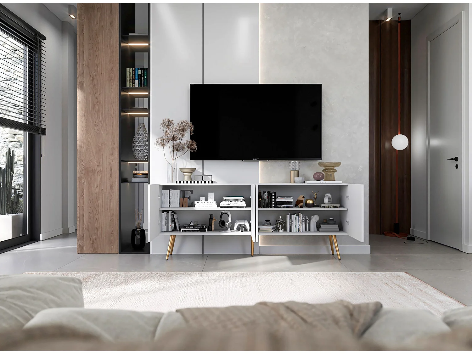 Meuble TV avec 4 portes - Corps Blanc mat, façades rainurées Blanc mat - 150 cm, pieds dorés