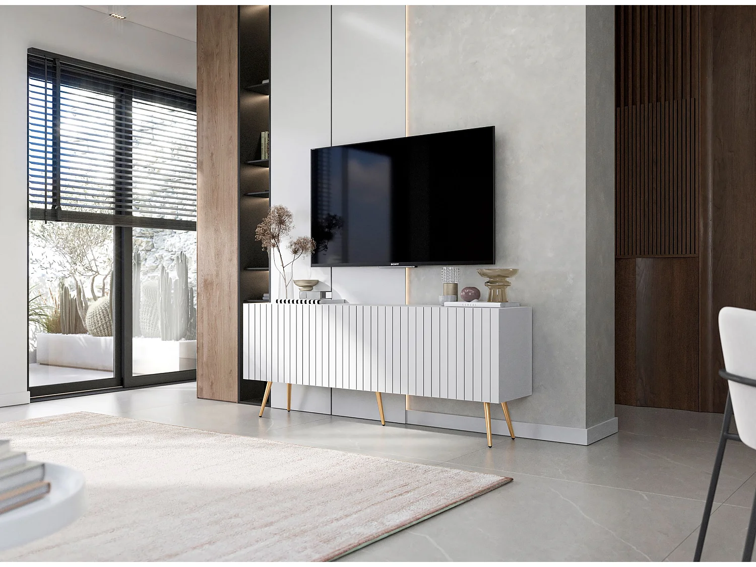 Meuble TV avec 4 portes - Corps Blanc mat, façades rainurées Blanc mat - 150 cm, pieds dorés