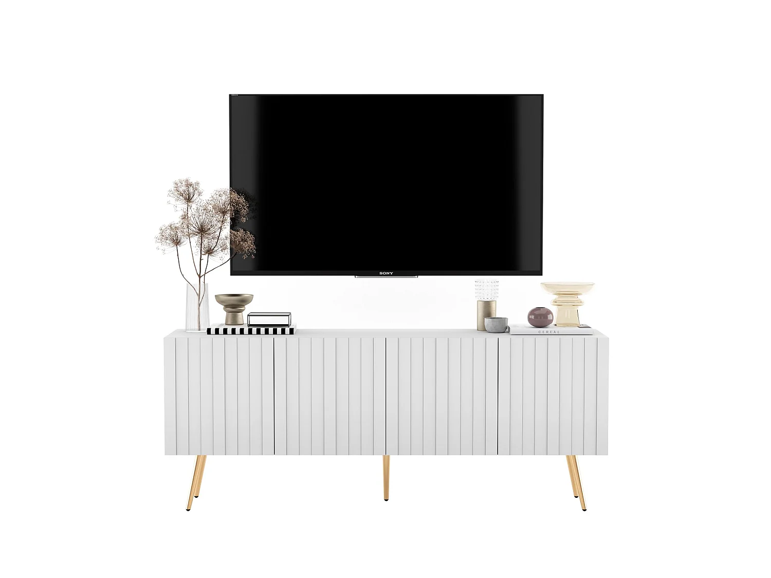 Mueble TV con 4 puertas - Cuerpo blanco mate, frentes acanalados blanco mate - 150 cm, patas doradas