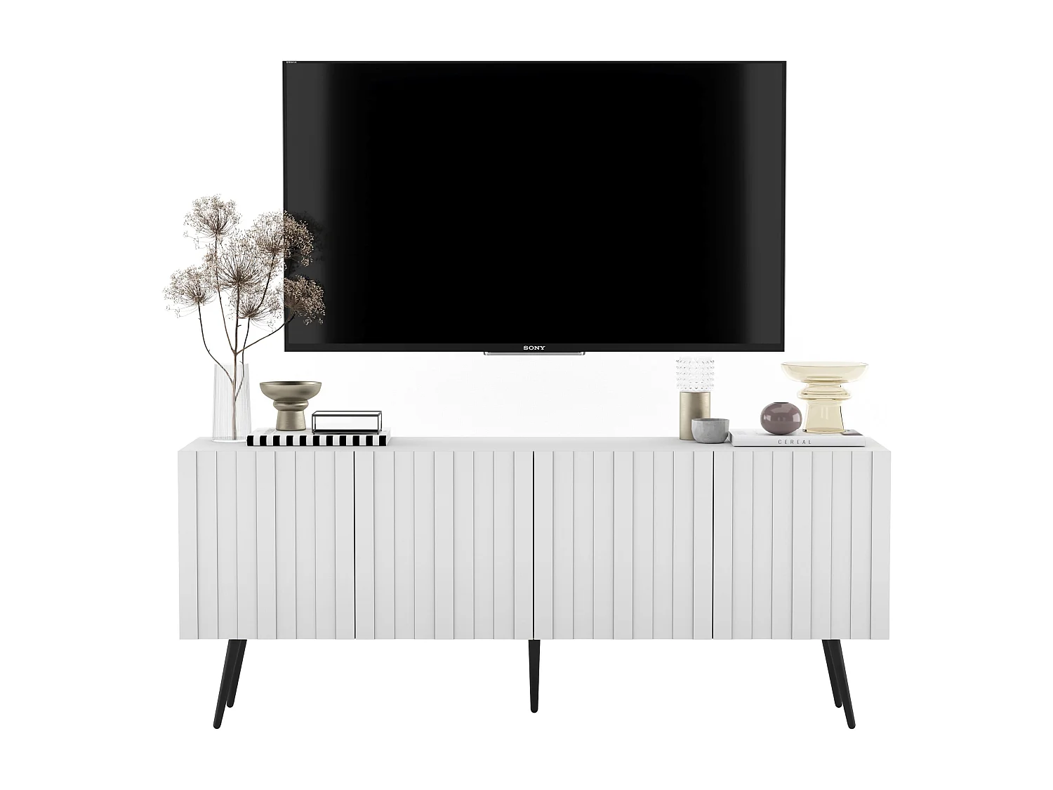 Mueble TV con 4 puertas - Cuerpo blanco mate, frentes acanalados blanco mate - 150 cm, patas doradas