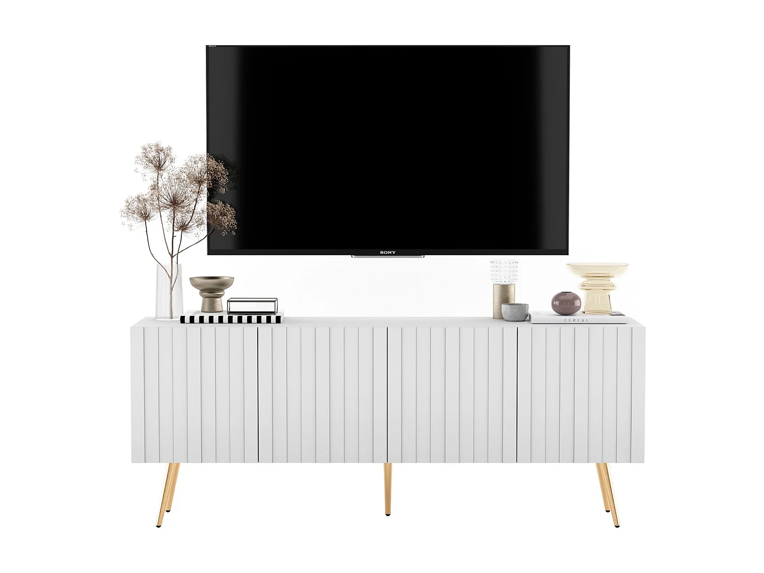 Meuble TV avec 4 portes - Corps Blanc mat, façades rainurées Blanc mat - 150 cm, pieds dorés