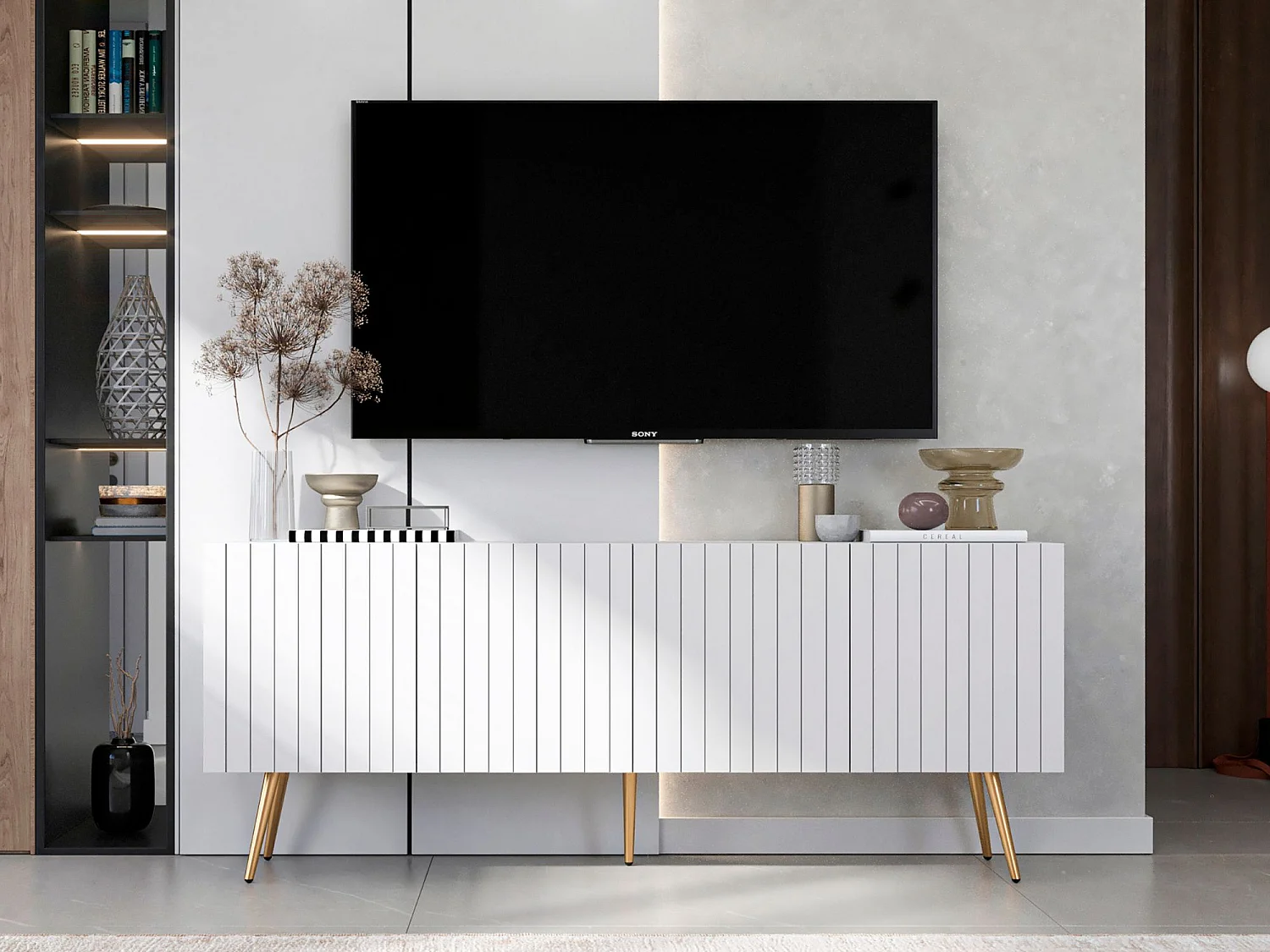 Meuble TV avec 4 portes - Corps Blanc mat, façades rainurées Blanc mat - 150 cm, pieds dorés