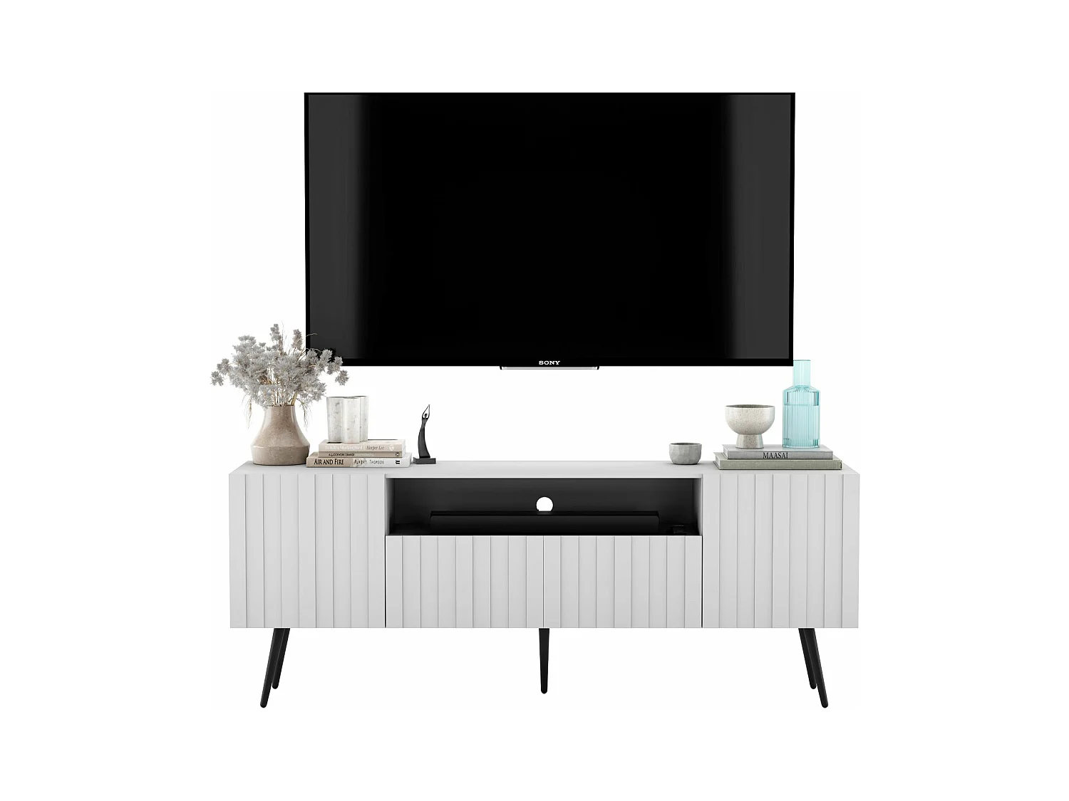 Meuble TV avec 3 portes et niche - Corps Blanc mat, façades rainurées Blanc mat - 150 cm, pieds noirs