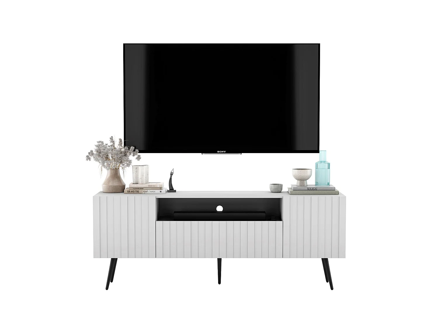Mueble de TV con 3 puertas y hueco – Cuerpo blanco mate, frentes acanalados blanco mate – 150 cm, patas negras