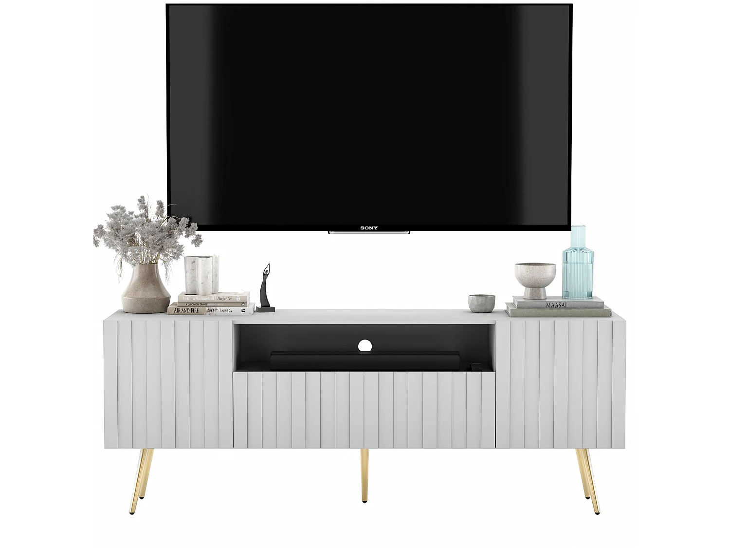 Mueble de TV con 3 puertas y hueco – Cuerpo blanco mate, frentes acanalados blanco mate – 150 cm, patas negras
