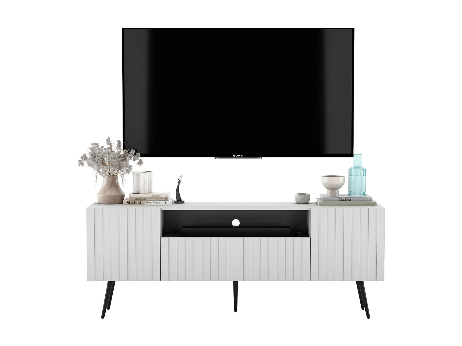 Meuble TV avec 3 portes et niche - Corps Blanc mat, façades rainurées Blanc mat - 150 cm, pieds noirs