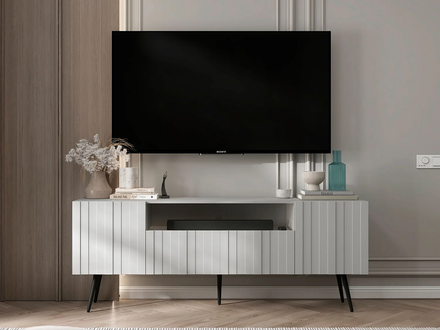 Meuble TV avec 3 portes et niche - Corps Blanc mat, façades rainurées Blanc mat - 150 cm, pieds noirs