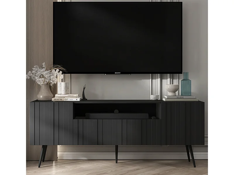 Meuble TV avec 3 portes et niche - Corps Noir mat, façades rainurées Noir mat - 150 cm, pieds noirs