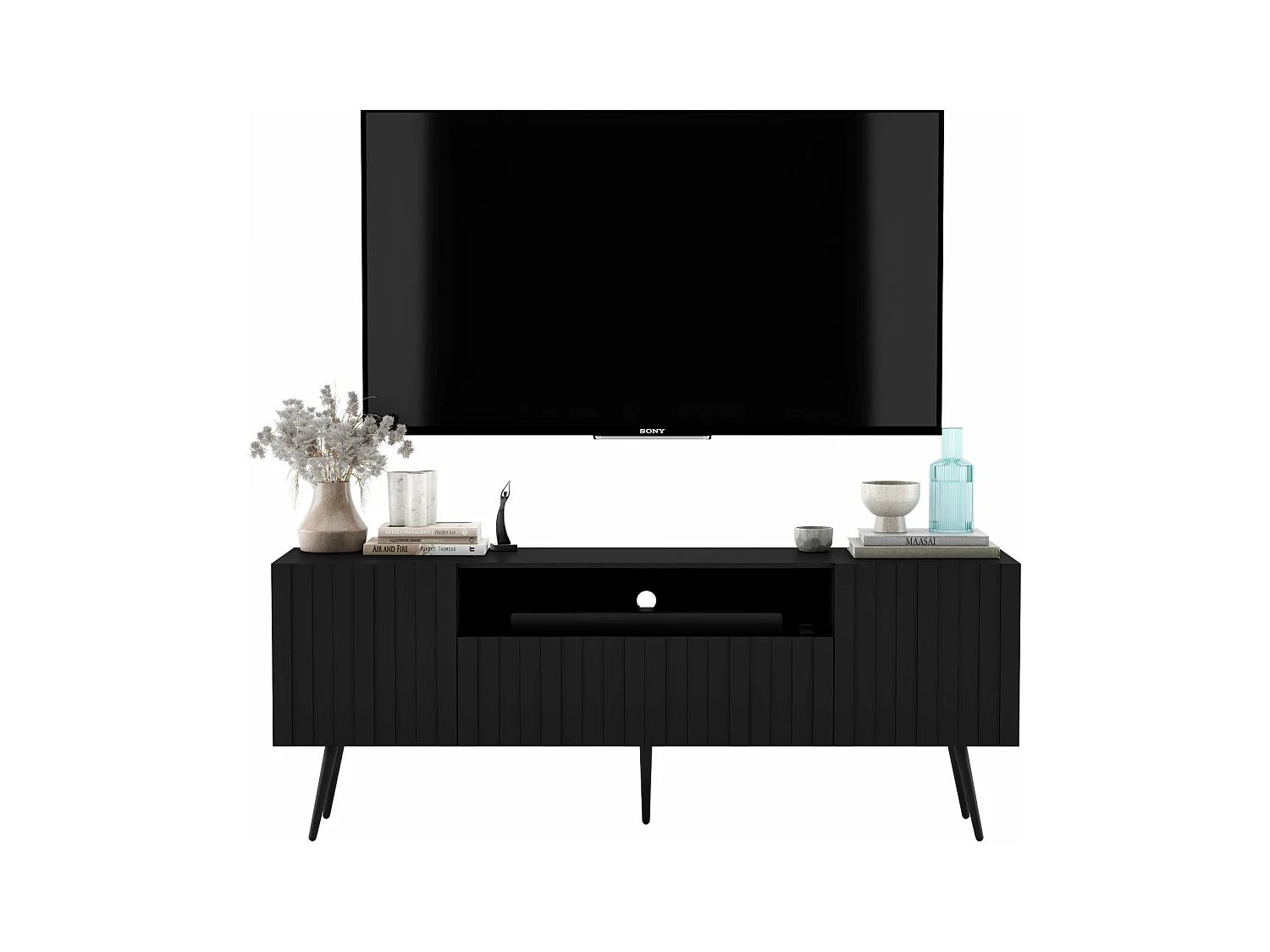 Meuble TV avec 3 portes et niche - Corps Noir mat, façades rainurées Noir mat - 150 cm, pieds noirs