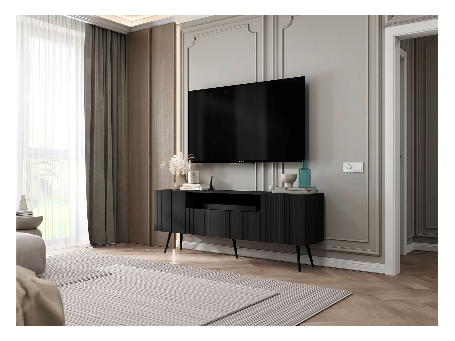 Meuble TV avec 3 portes et niche - Corps Noir mat, façades rainurées Noir mat - 150 cm, pieds noirs