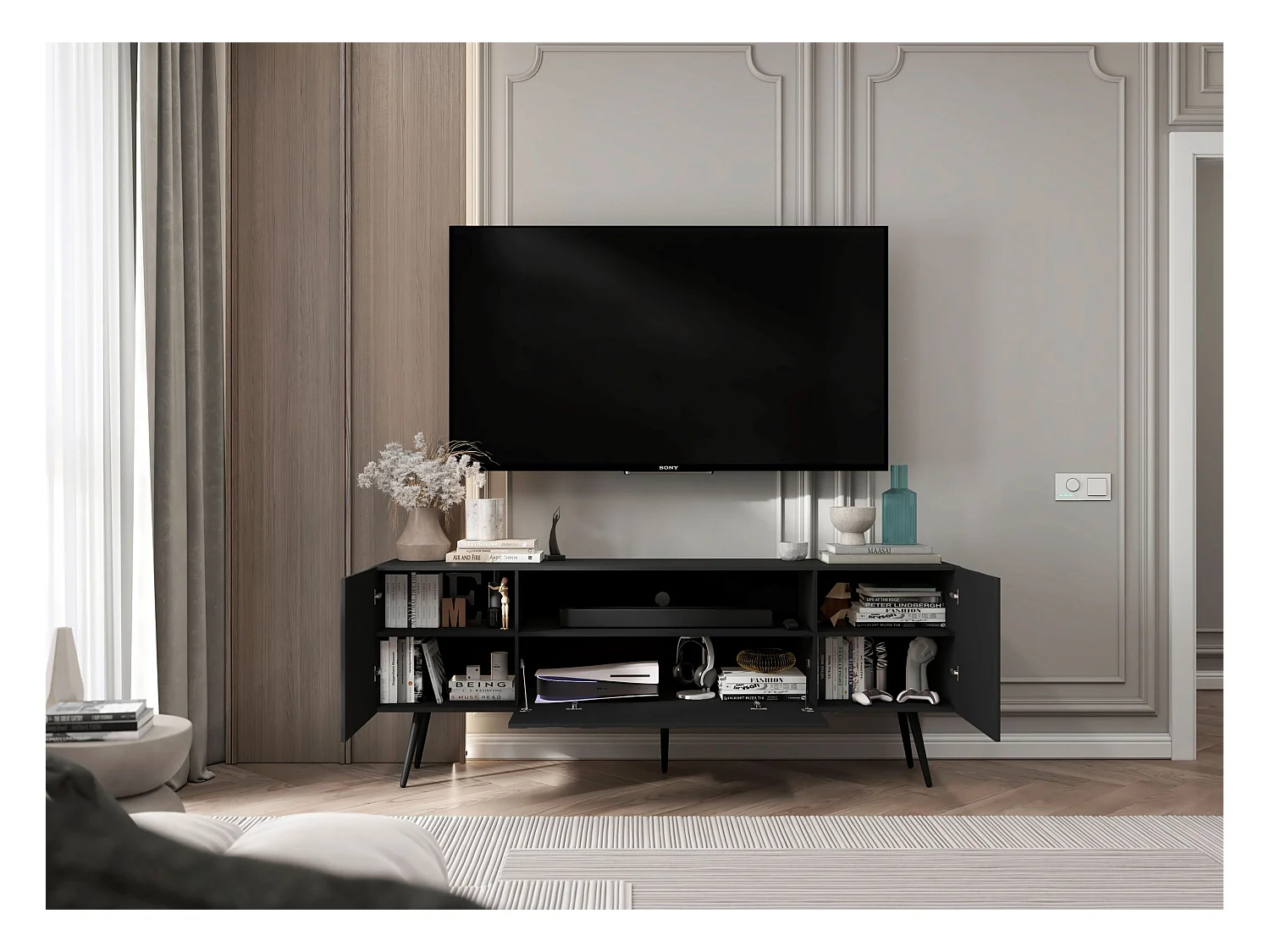Meuble TV avec 3 portes et niche - Corps Noir mat, façades rainurées Noir mat - 150 cm, pieds noirs