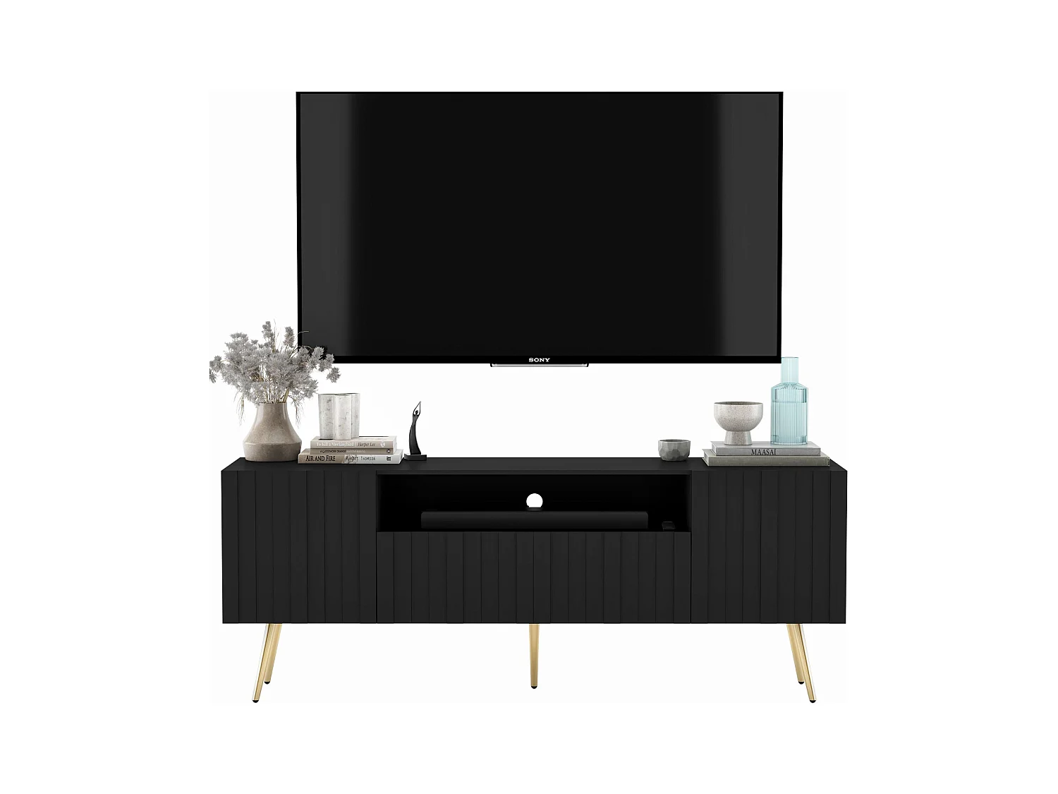Meuble TV avec 3 portes et niche - Corps Noir mat, façades rainurées Noir mat - 150 cm, pieds noirs
