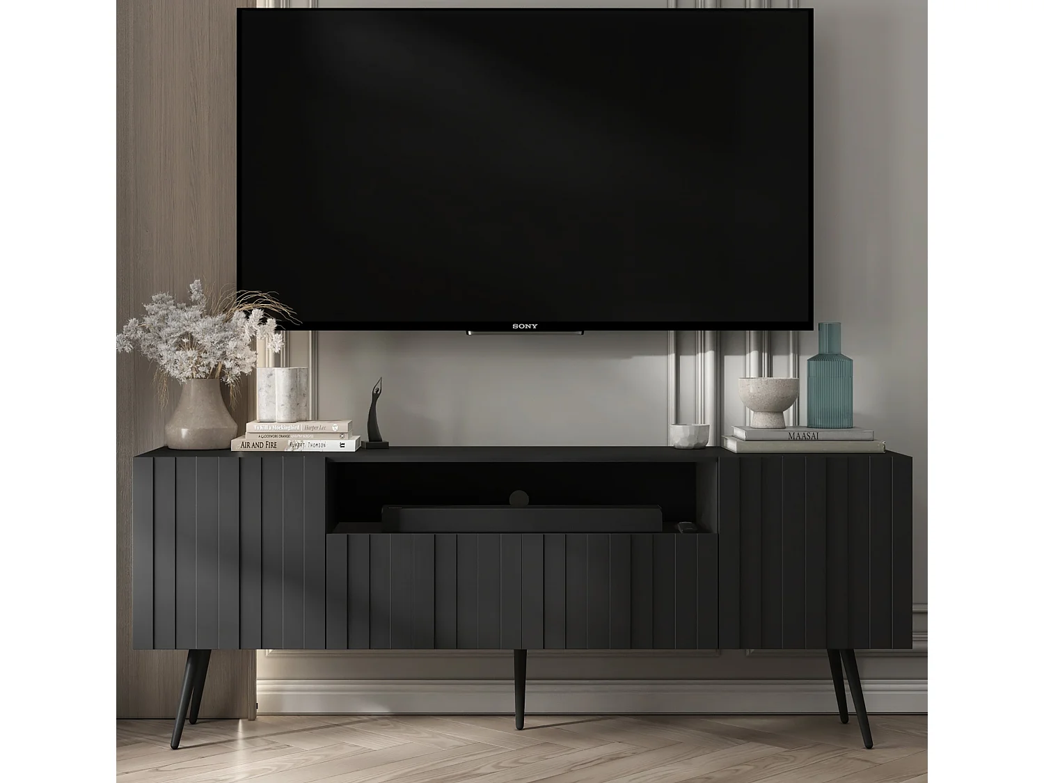 Meuble TV avec 3 portes et niche - Corps Noir mat, façades rainurées Noir mat - 150 cm, pieds noirs