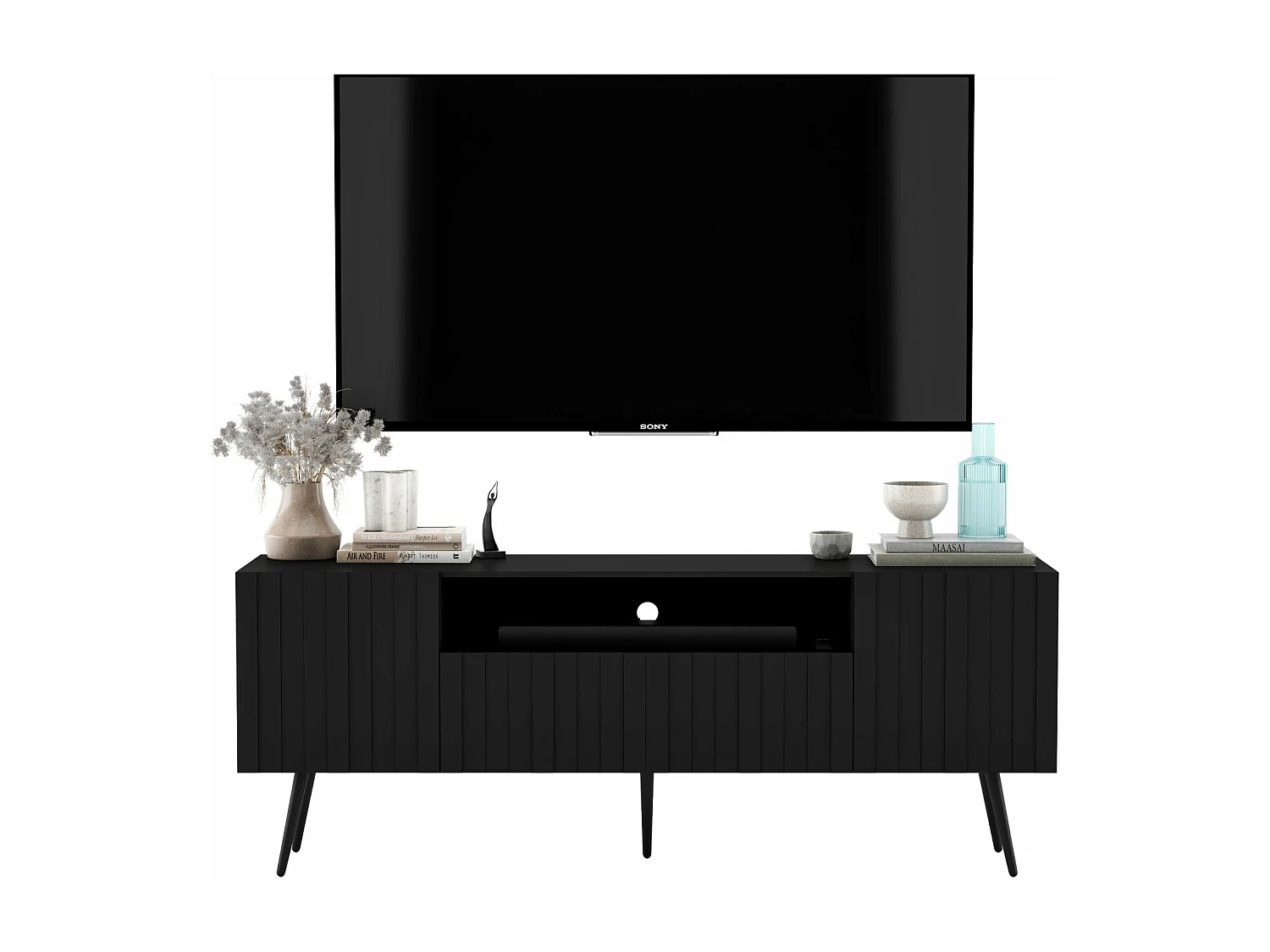 Meuble TV avec 3 portes et niche - Corps Noir mat, façades rainurées Noir mat - 150 cm, pieds noirs
