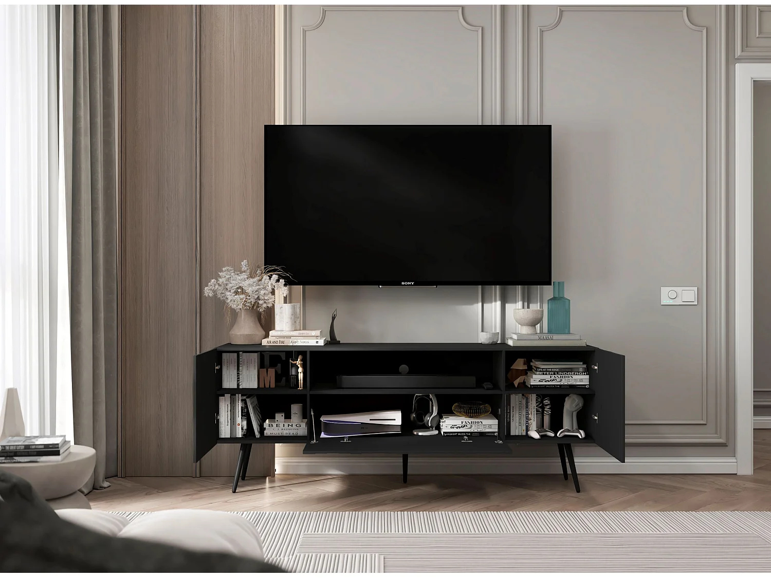 Meuble TV avec 3 portes et niche - Corps Noir mat, façades rainurées Noir mat - 150 cm, pieds noirs