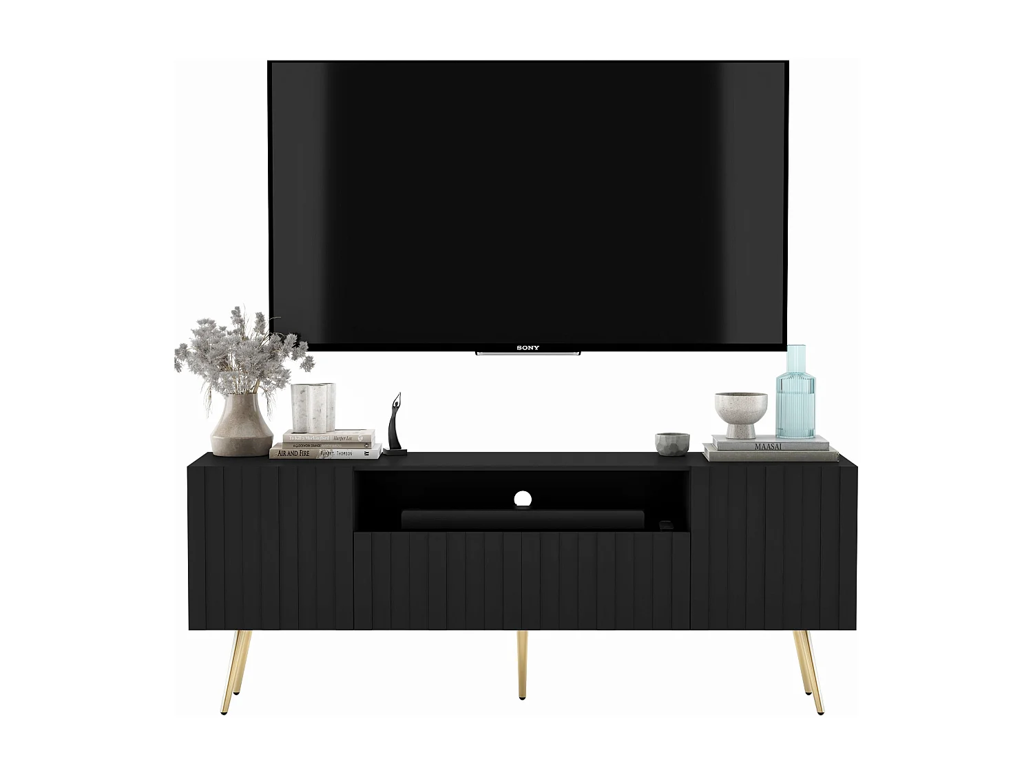 Meuble TV avec 3 portes et niche - Corps Noir mat, façades rainurées Noir mat - 150 cm, pieds noirs