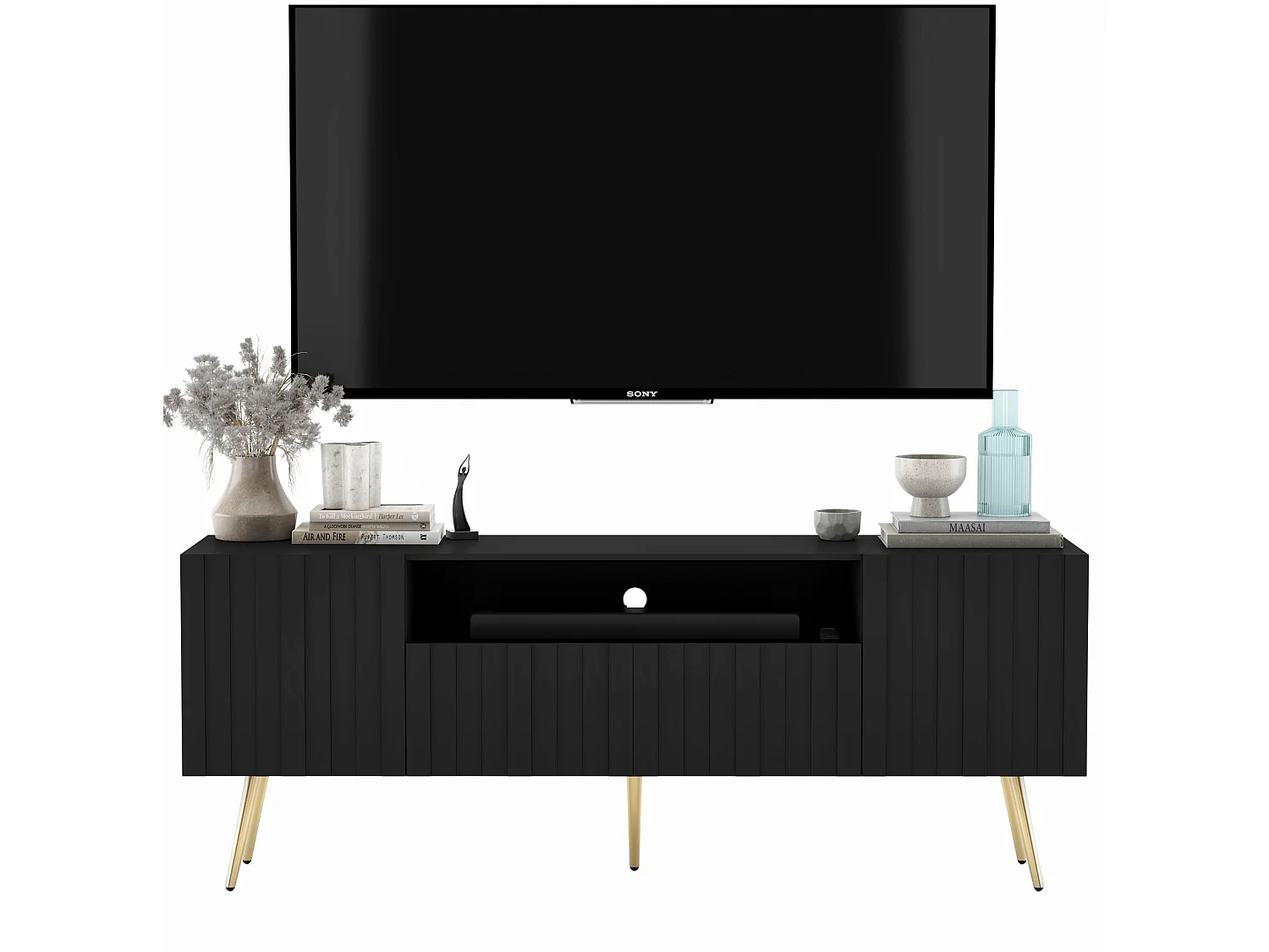 Meuble TV avec 3 portes et niche - Corps Noir mat, façades rainurées Noir mat - 150 cm, pieds noirs
