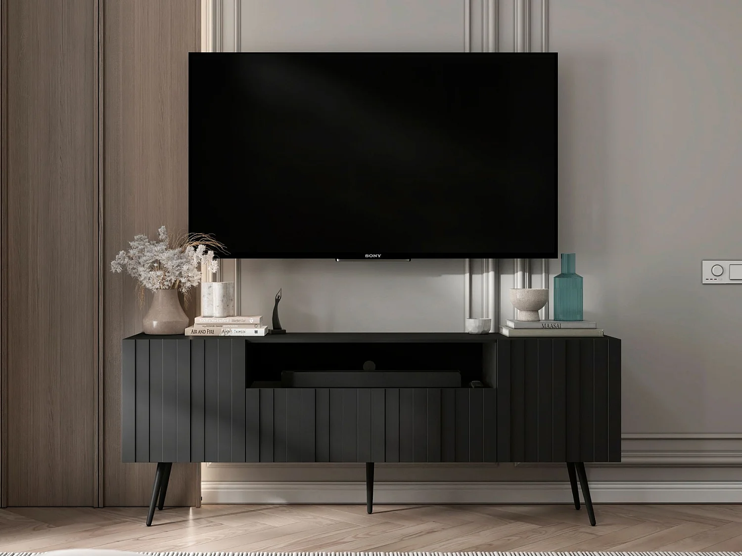 Meuble TV avec 3 portes et niche - Corps Noir mat, façades rainurées Noir mat - 150 cm, pieds noirs