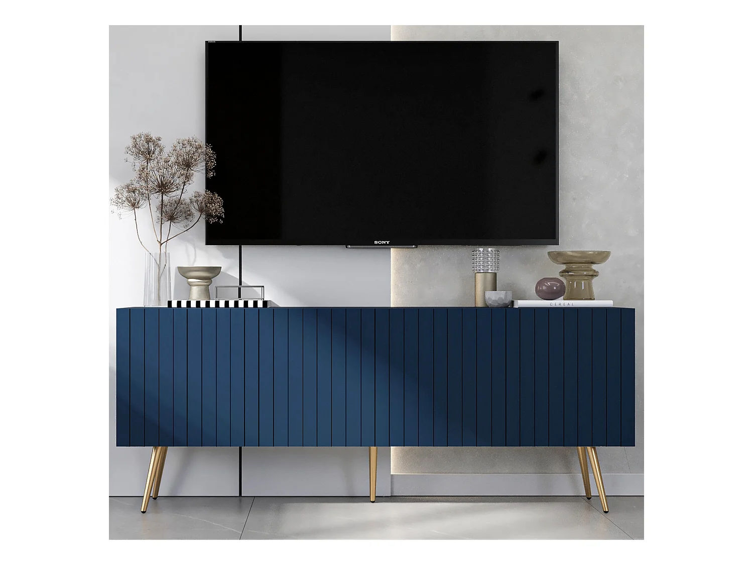 Meuble TV avec 4 portes - Corps Bleu marine mat, façades rainurées Bleu marine mat - 150 cm, pieds dorés