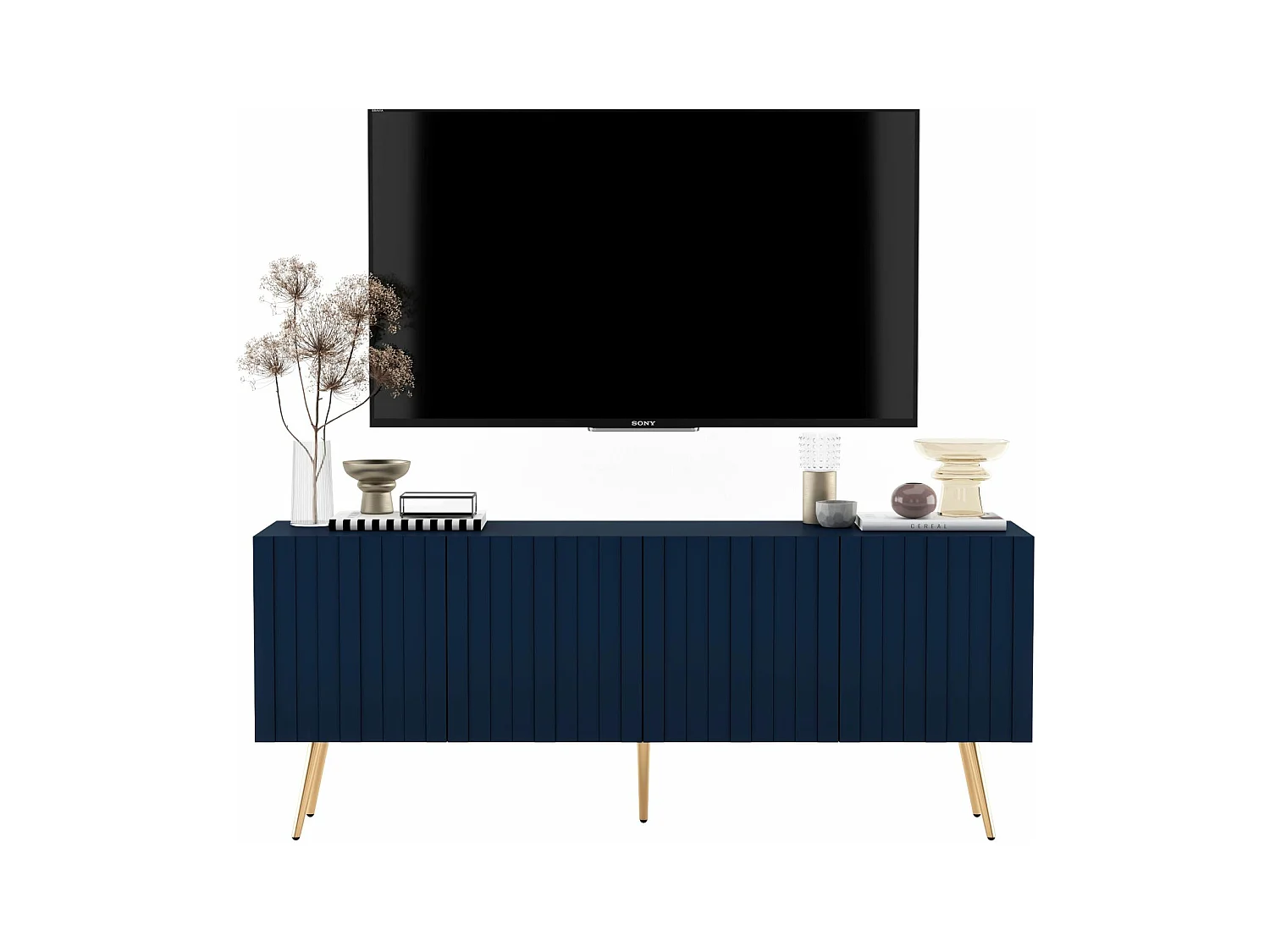 Meuble TV avec 4 portes - Corps Bleu marine mat, façades rainurées Bleu marine mat - 150 cm, pieds dorés