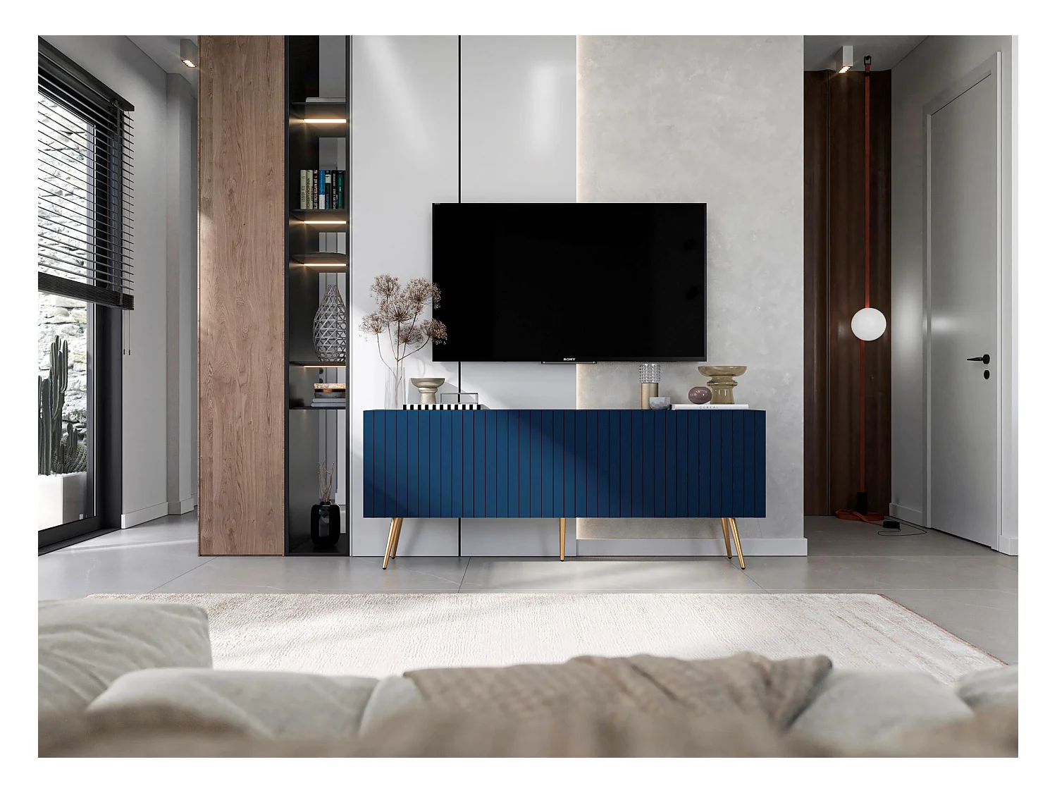 Meuble TV avec 4 portes - Corps Bleu marine mat, façades rainurées Bleu marine mat - 150 cm, pieds dorés