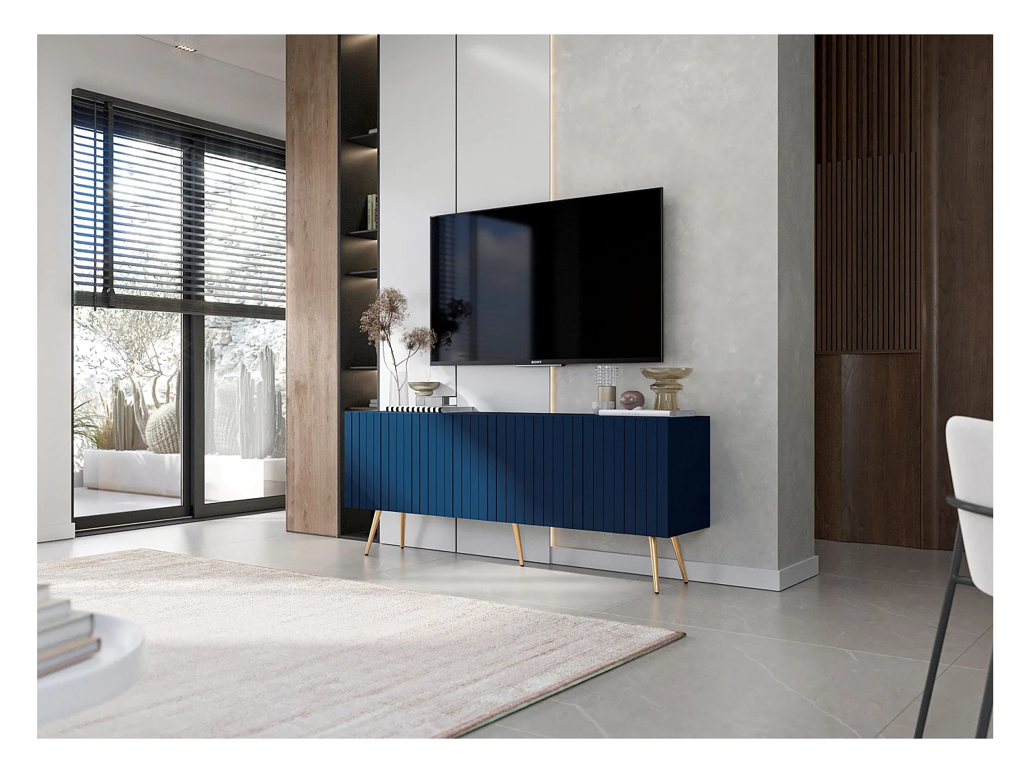 Meuble TV avec 4 portes - Corps Bleu marine mat, façades rainurées Bleu marine mat - 150 cm, pieds dorés
