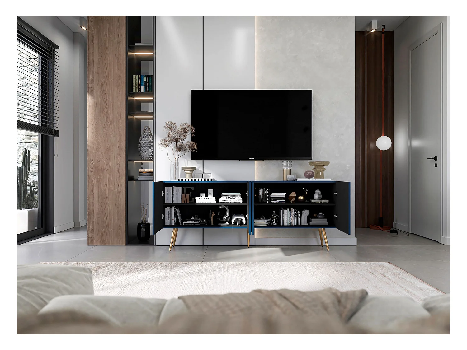 Meuble TV avec 4 portes - Corps Bleu marine mat, façades rainurées Bleu marine mat - 150 cm, pieds dorés