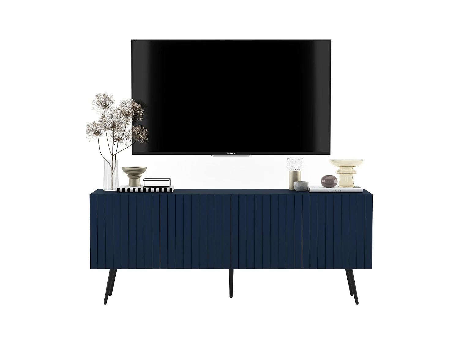 Meuble TV avec 4 portes - Corps Bleu marine mat, façades rainurées Bleu marine mat - 150 cm, pieds dorés