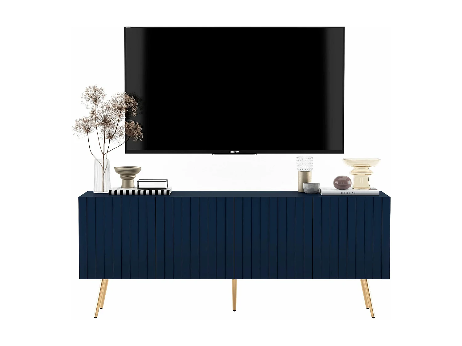 Meuble TV avec 4 portes - Corps Bleu marine mat, façades rainurées Bleu marine mat - 150 cm, pieds dorés