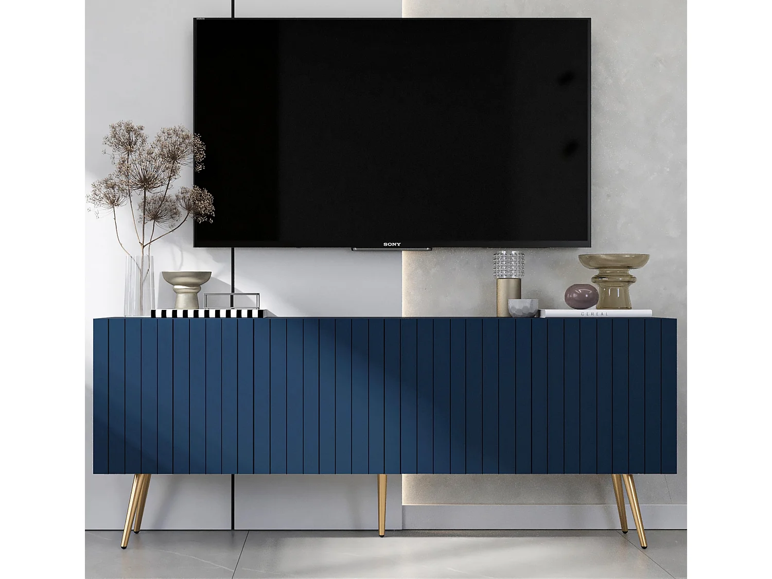 Meuble TV avec 4 portes - Corps Bleu marine mat, façades rainurées Bleu marine mat - 150 cm, pieds dorés