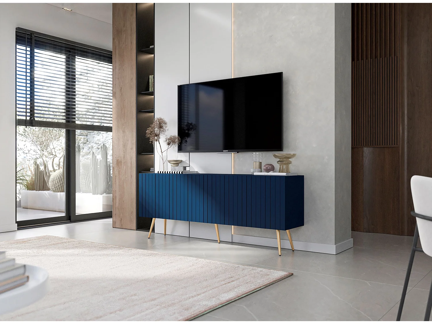 Meuble TV avec 4 portes - Corps Bleu marine mat, façades rainurées Bleu marine mat - 150 cm, pieds dorés