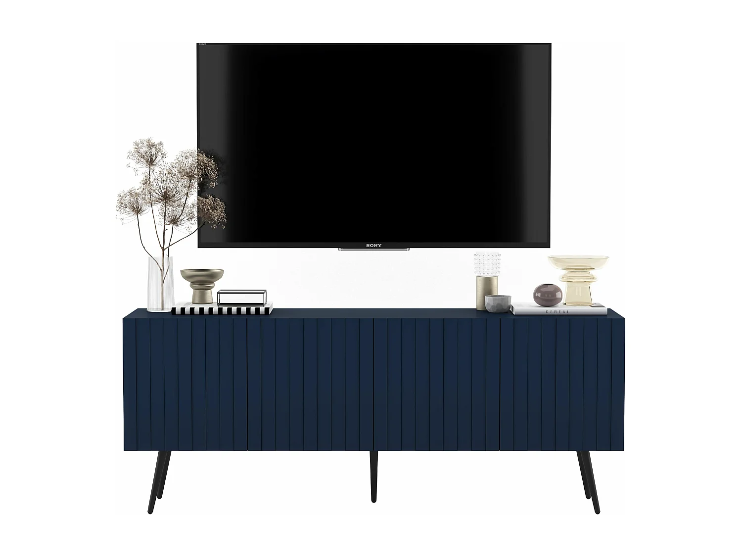 Meuble TV avec 4 portes - Corps Bleu marine mat, façades rainurées Bleu marine mat - 150 cm, pieds dorés