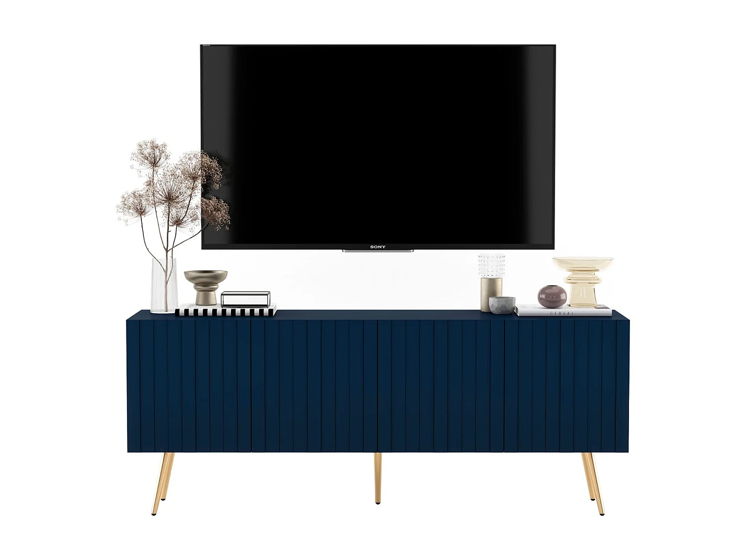 Meuble TV avec 4 portes - Corps Bleu marine mat, façades rainurées Bleu marine mat - 150 cm, pieds dorés