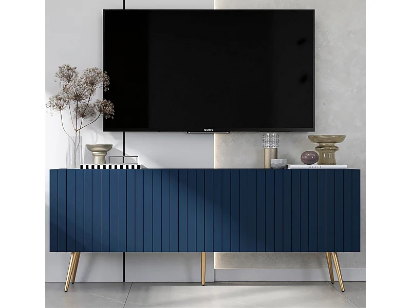 Meuble TV avec 4 portes - Corps Bleu marine mat, façades rainurées Bleu marine mat - 150 cm, pieds dorés