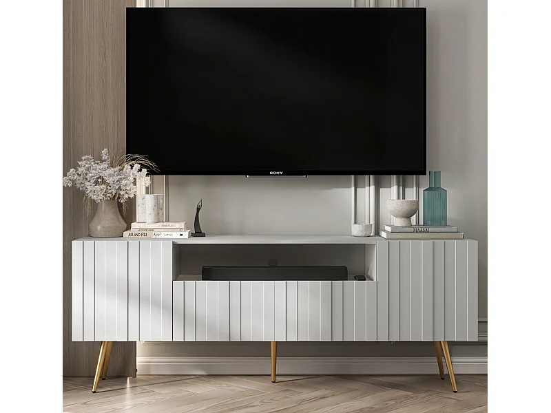 Meuble TV avec 3 portes et niche - Corps Blanc mat, façades rainurées Blanc mat - 150 cm, pieds dorés